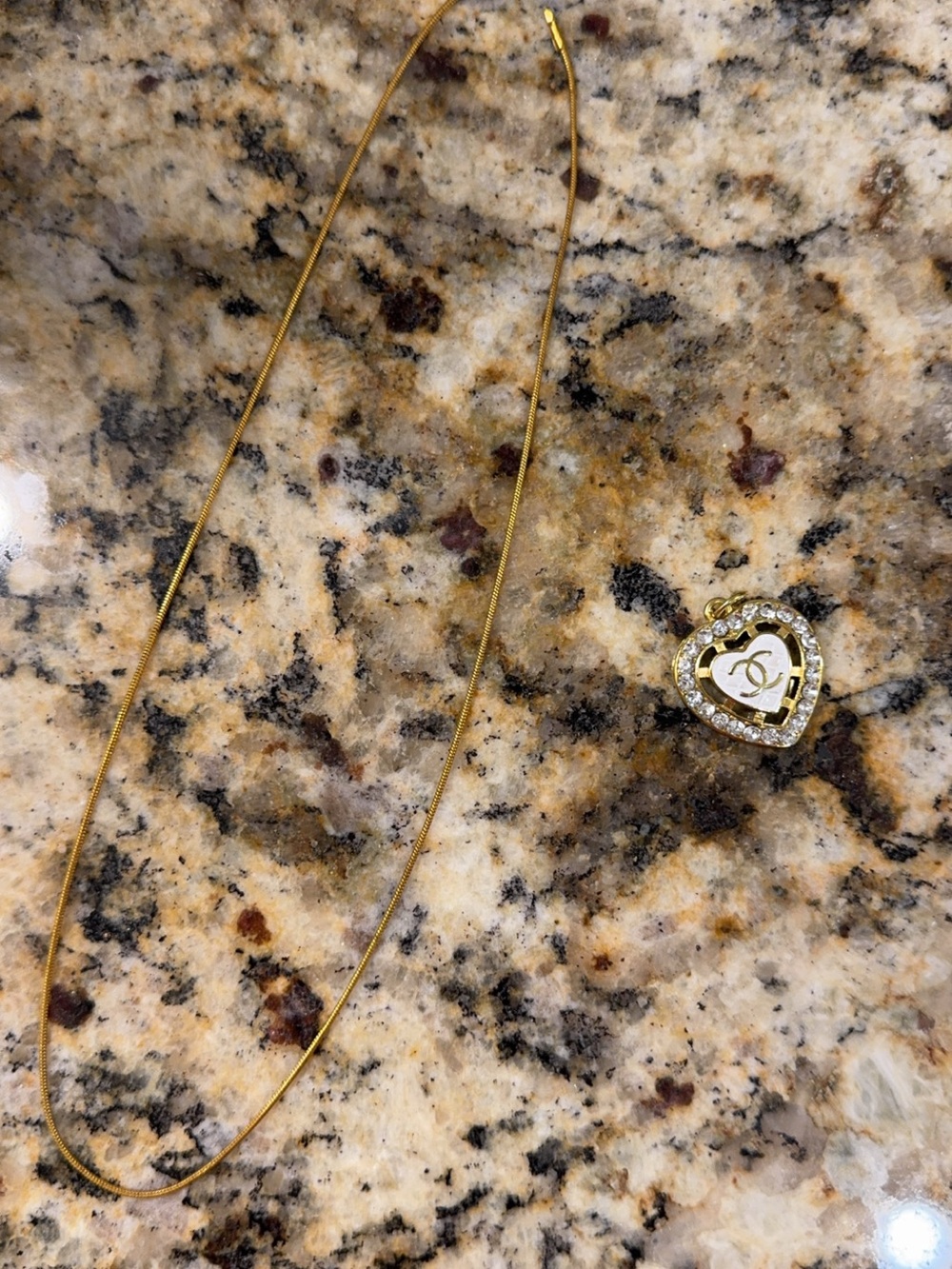 CHANEL Gold Heart Logo Pendant Necklace with Crystal Border